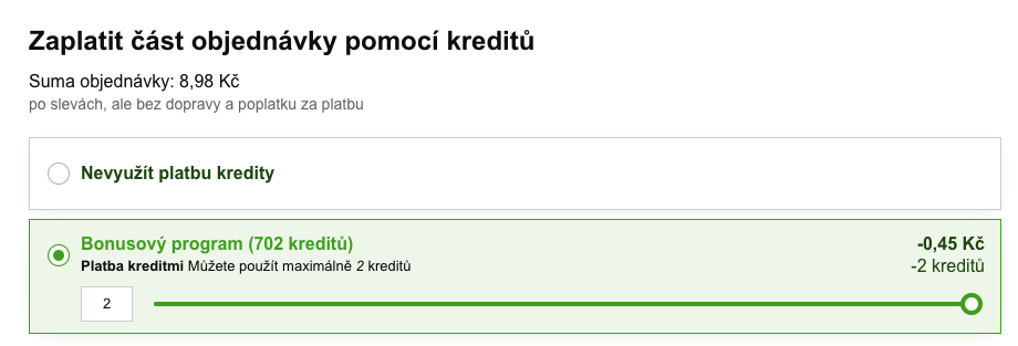zaplatit část objednávky kredity