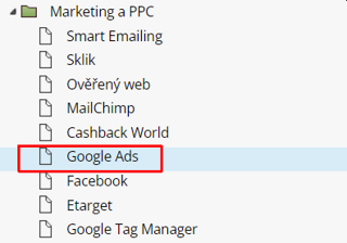 Nastavení Google Ads v ByznysWebu - Sekce Marketing a PPC