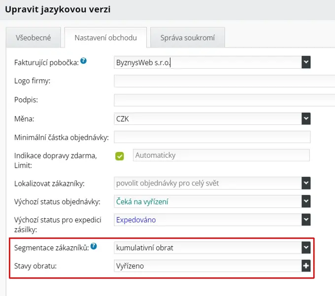 Nastavení segmentace pro jazykovou verzi | ByznysWeb