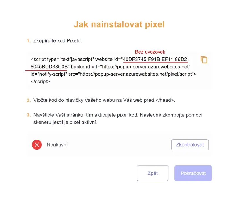 Zkopírujte website-id bez uvozovek z Pixel kódu z vašeho účtu v Overenyweb